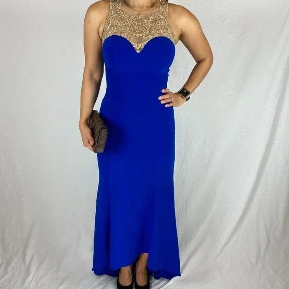 Marchesa Notte Blue Gold Lace Formal Gown $995 - Picture 2 of 11